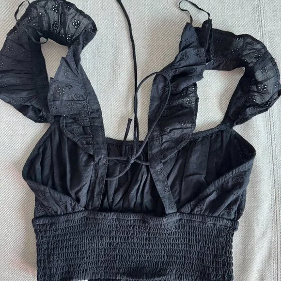Stradivarius Black Eyelet Ruffle Crop Top (Size S) New Without Tags 🖤 - Picture 2 of 12
